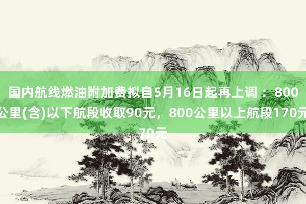 国内航线燃油附加费拟自5月16日起再上调 ：800公里(含)以下航段收取90元，800公里以上航段170元